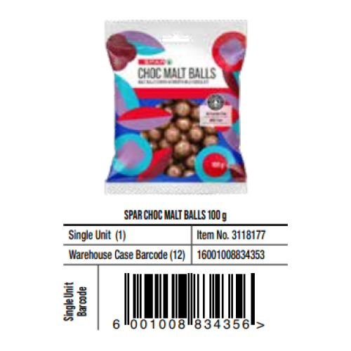 SPAR CHOC MALT BALLS 100Gx12'
